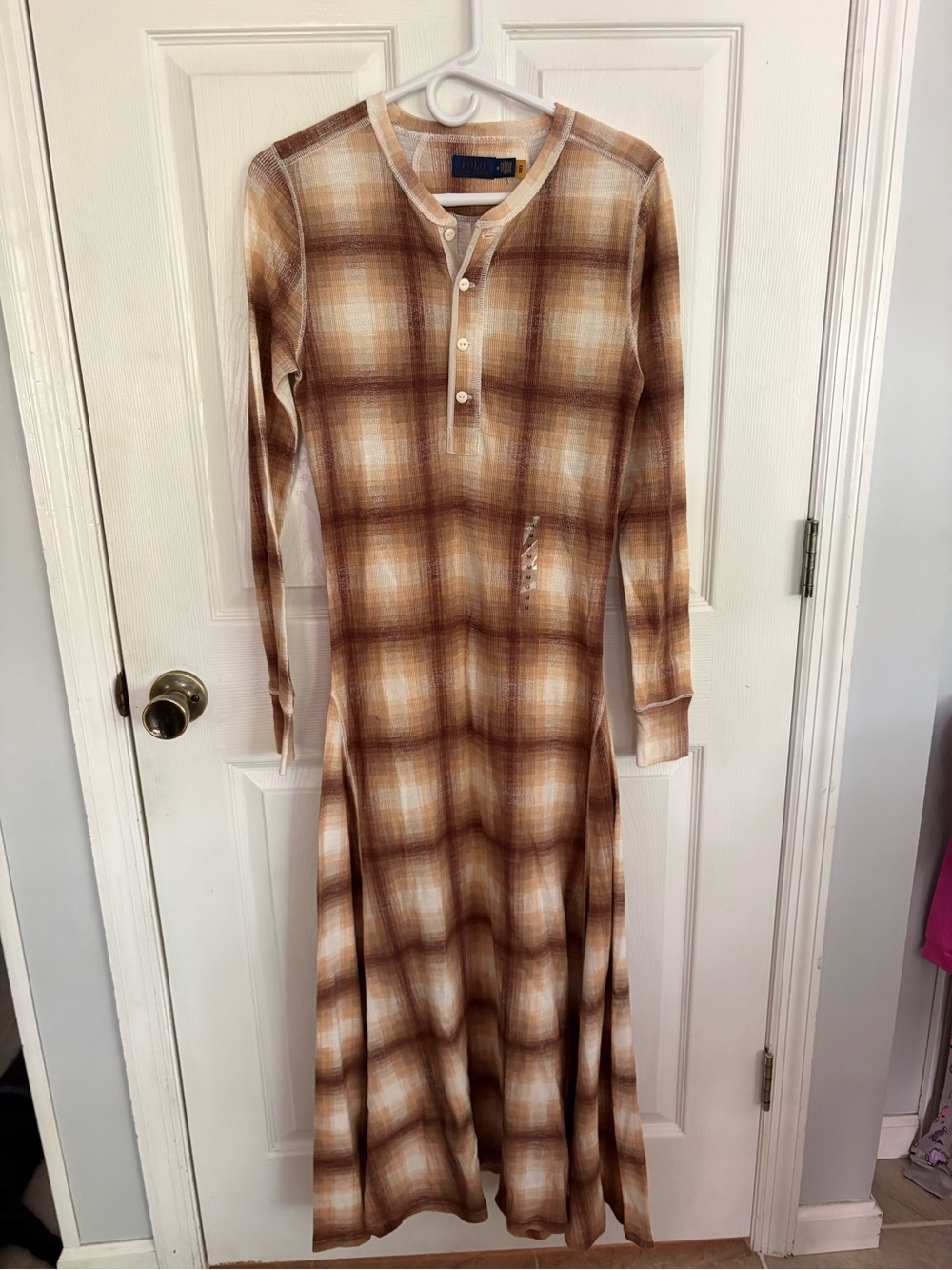Ralph Lauren Tan and Cream Plaid Henley Maxi Dress